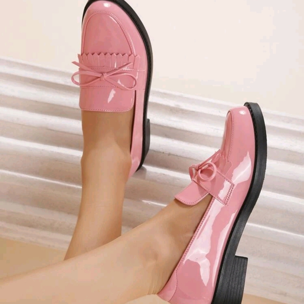 Bow Decor Fringe Trim Slip-On Flat Loafers, Pink Preppy Style Solid Color Loafer - Picture 2 of 5